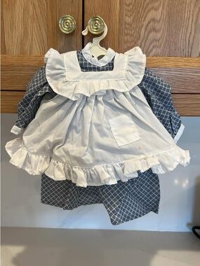 Handmade Samantha outfit White Ruffled Apron Dress over Blue Plaid Outfit